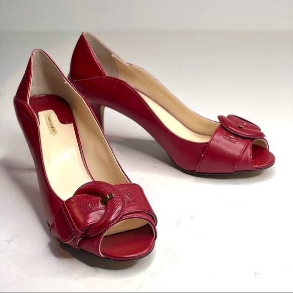 Max Studio Maldives dark red peep toe heels retro oversized buckle size 8 - Picture 1 of 11